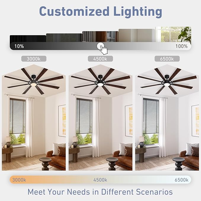 72 Inch Smart Ceiling Fan with Light and Remote, Black Ceiling Fan with Quiet Reversible DC Motor, Control Via WiFi Alexa App, 3CCT Dimmable Large Indoor/Outdoor Ceiling Fans for Patio Garage