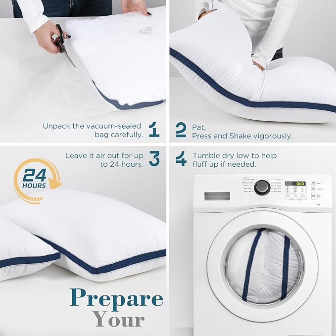 viewstar Bed Pillows Standard Size Set of 2, Hotel Cooling Down Alternative Gusseted Pillows for Side, Back, or Stomach Sleepers, Navy