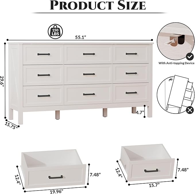 LYNSOM Farmhouse 9 Drawers Dresser for Bedroom, 55" Wide Wood Rustic Chest of Drawers with Natural Texture, Metal Handle, Storage Dressers Organizer for Entryway, Hallway, White