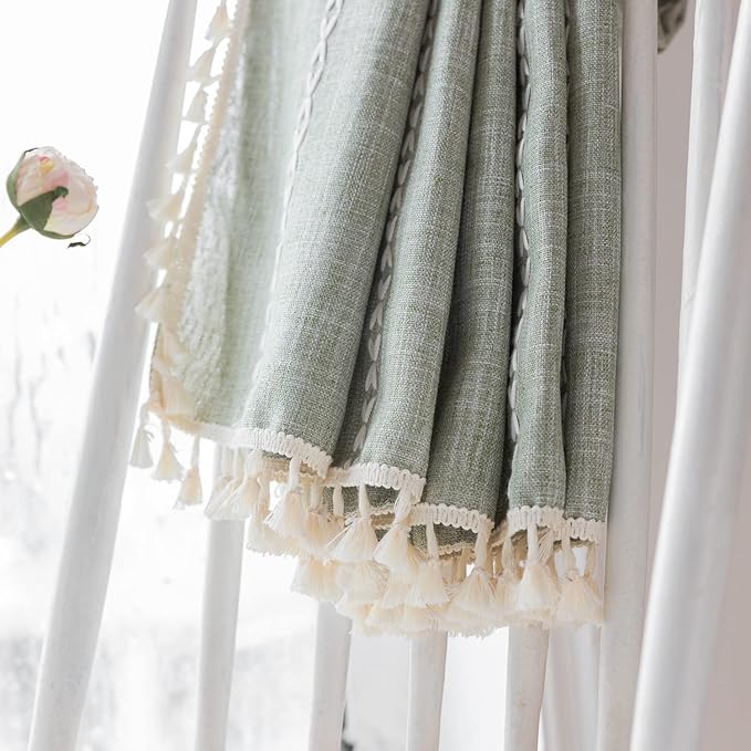 Boho Curtains Embroidery Striped Linen Curtains 96 Inches Long 2 Panels for Bedroom Sage Green Farmhouse Curtains Bohemian Light Filtering Window Curtains for Living Room( 52" W x 96" L,Sage Green)