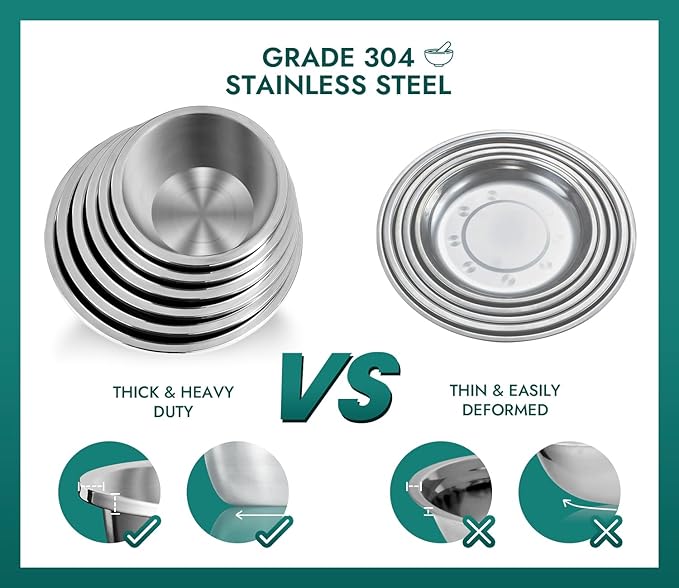 Enther Mixing Bowls - Set of 6 Stainless Steel Mixing Bowls with 304 Stainless Steel - Heavy Duty, Easy To Clean, Nesting Bowls Space Saving Storage, Great for Cooking, Baking, Salad, Silver