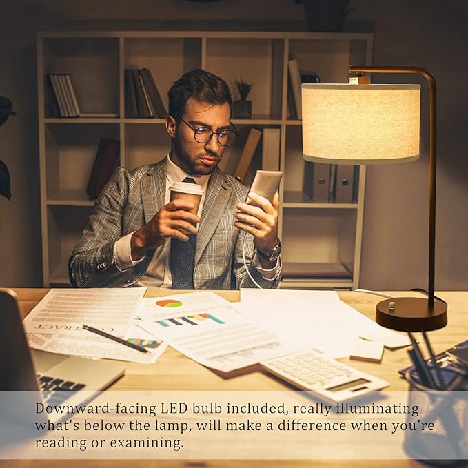 Tall Table Lamp with USB C+A Ports, Fully Stepless Dimmable Modern Minimalist Bedside Nightstand Lamp, Reading Desk Lamp for Bedroom, Living Room, Study Room, Office, 9W 3000K LED Bulb Included