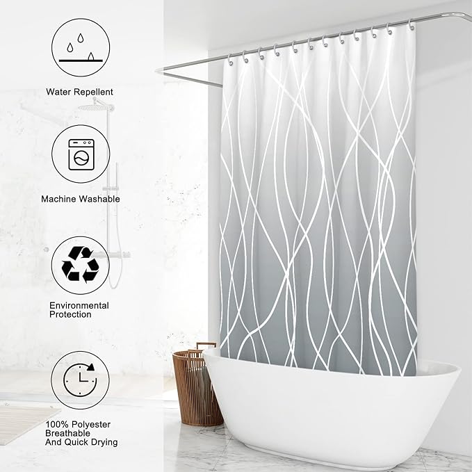 Punkray Ombre Grey Shower Curtain for Bathroom with Hooks, White Shower Curtain Set, Stripe Bath Curtains Decorative Shower Curtains Water Repellent Washable, 72 x 72