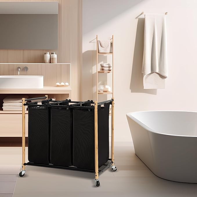 STORAGE MANIAC 3 Section Laundry Sorter, 35.9 Gal (136 L) Laundry Hamper Cart with Heavy Duty Rolling Lockable Wheels and Removable Bags, Clothes Organizer Basket Clothes Separator Hamper, Bamboo