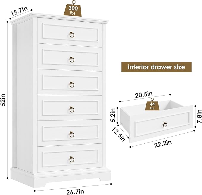 HOSTACK 6 Drawer White Dresser for Bedroom, 52" Tall Dresser, Modern Farmhouse Vertical Chest of Drawers for Bedroom, Wooden Closet Chest, Wood Storage Cabinet for Living Room, Hallway, Entryway