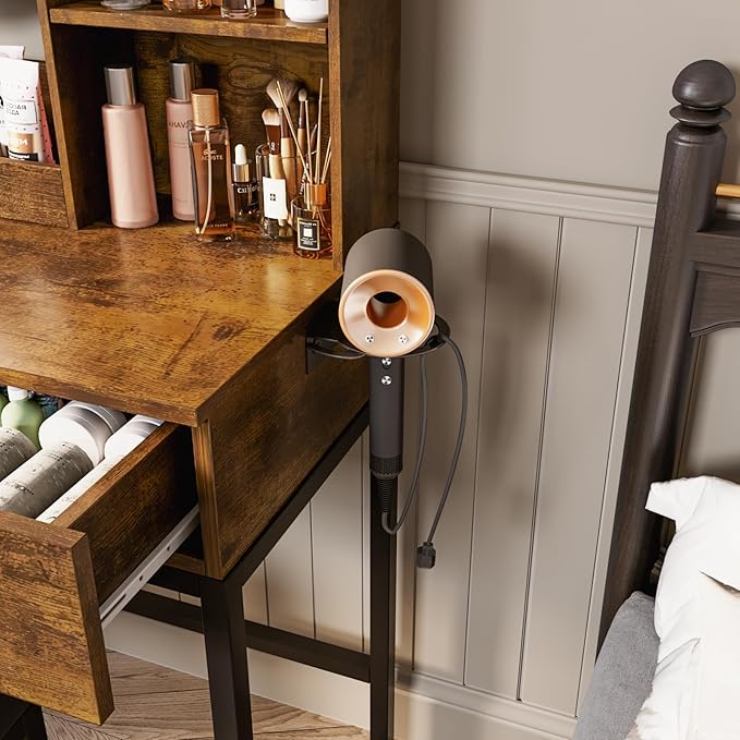 Makeup Vanity Desk with Round Mirror and Lights, White Vanity Makeup Table with 2 Drawers, Small Vanity Table for Bedroom with Lots Storage (Brown and Black, 15.75 * 31.5 * 53.6in)