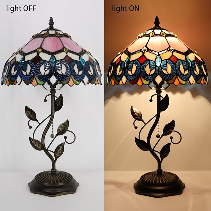 Tiffany Table Lamp, Pink Stained Glass Desk Light, W12H19 Inch, Metal Leaf Base (Pink Baroque Style)