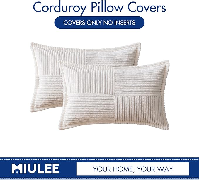 MIULEE Decorative Lumbar Throw Pillow Covers for Couch Bed Livingroom 12x20 Inch Set of 2 White Boho Accent Throw Pllows Broadside Striped Patchwork Soft Corduroy Pillowcases