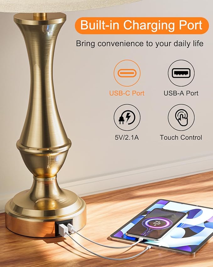Upgraded Touch Lamps for Night Stands Set of 2 - Bedside Lamps with USB C+A, 3 Way Dimmable for Bedroom Living Room End Tables Office (Brown&Gold)