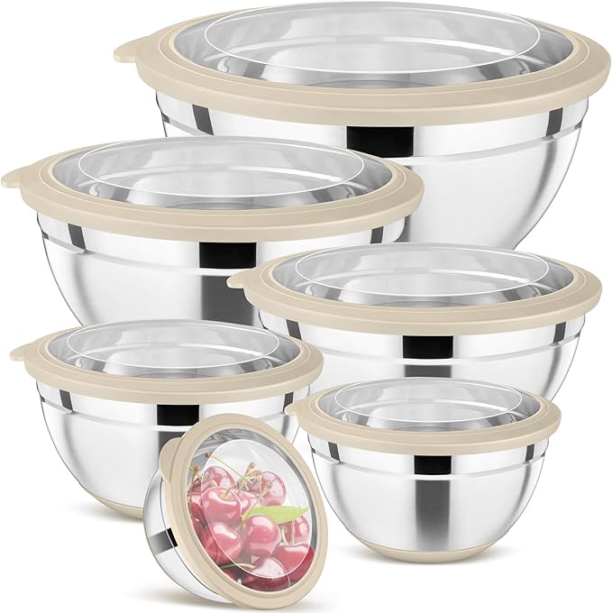 P&P CHEF Khaki Mixing Bowls Set of 6, Stainless Steel Mixing Bowl with Visible Lids for Salad, Metal Nesting Serving Bowls for Kitchen Cooking Prepping Storing Food, 4.6/3.5/2.6/2/1.5/1 QT