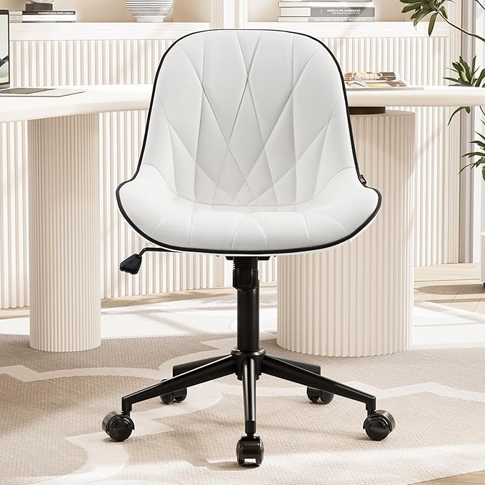 Rowill Modern Office Chair - Ergonomic Swivel Leather Desk Chair with Curved Backrest, Height Adjustable Rolling with Wheels, Perfect for Study Room & Office, White