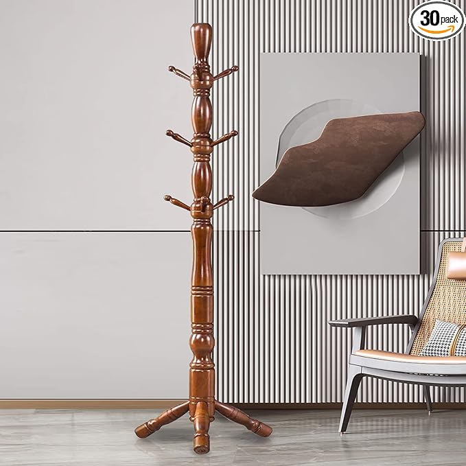 Wood Coat Rack Hall Tree, Stable Triangle Base Coat Tree with 3 Height Options and 9 Hooks, Vintage Coat Rack Freestanding for Hall Entryway, Bedroom and Home Office (Walnut)