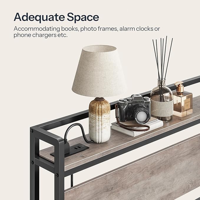 HOOBRO King Size Headboard, Headboard with 2 Outlets and 4 USB Ports, Adjustable Height, Storage Rack, Sturdy and Stable, Easy Assembly, Greige and Black