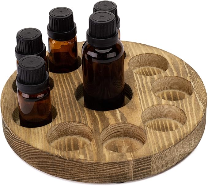 MyGift Small Essential Oil Bottle Holder - 10 Slot Brown Wood Round Storage Display Rack, Nail Polish Holder, Lipstick Organizer