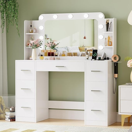 JUMMICO Makeup Vanity Desk with Large Mirror and Lights, Vanity with Power Strip and Hairdryer Holder, 6 Open Shelves and 7 Drawers Modern Dressing Table, for Bedroom (White)