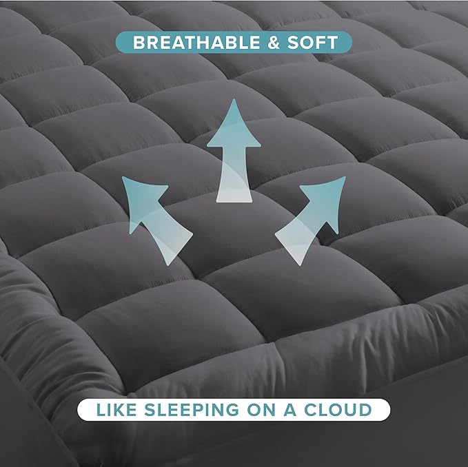 Bare Home Queen Mattress Topper Cotton Top - Plush Topper for Mattress - Fitted Mattress Cover - Cooling Breathable Air Flow - 8" to 21" Deep Pocket - Soft Mattress Pad (Queen, Grey)