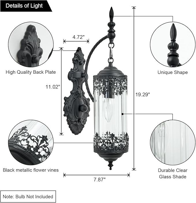 Rustic Glass Wall Sconce Mini Vintage Antique Gothic Wall Light Fixture Retro Farmhouse Mid Centry Lantern Wall Sconce for Bedroom, Hallway, Living Room, Mirror, Black, E12