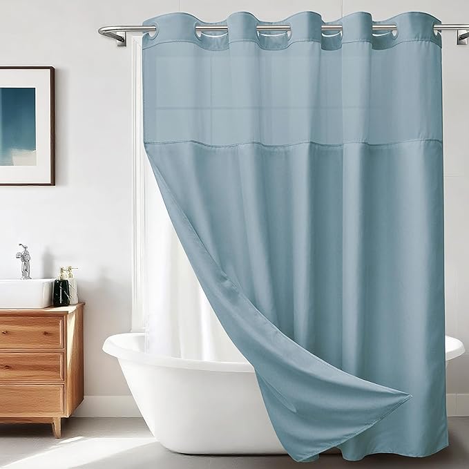 No Hook Shower Curtain with Snap in Liner, Polyester Textured Shower Curtain with Liner Set, Waterproof Washable Hotel Style Shower Curtains for Bathroom, 71Wx74H, Blue Grey