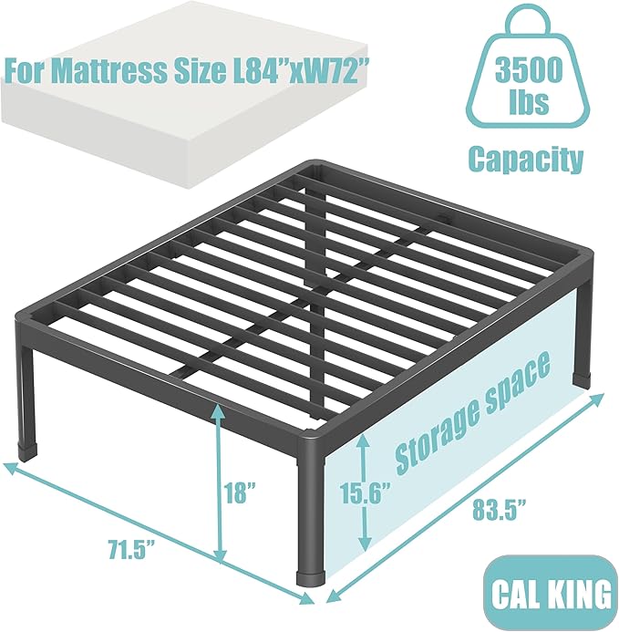 California King Bed Frame with Round Corner Edge Legs, 18 Inch Tall 3500 lbs Heavy Duty Metal Platform Bed Frame California King Size, No Box Spring Needed/Noise Free/Non-Slip