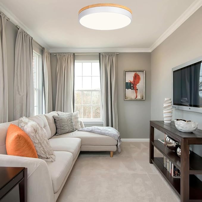 Dimmable Modern Wood Ceiling Light, White LED 5CCT 2700K-6000K Flush Mount Ceiling Lighting Fixture, Round Light Fixtures for Kitchen Living Room Dining Room Bedroom-15.8in