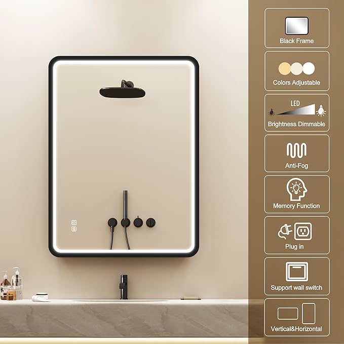 LED-Bathroom-Mirror-with-Lights, 24"x32" Wall-Mounted with Anti-Fog, 3 Colors Dimmable Light, Waterproof, Tempered Glass, Black Framed