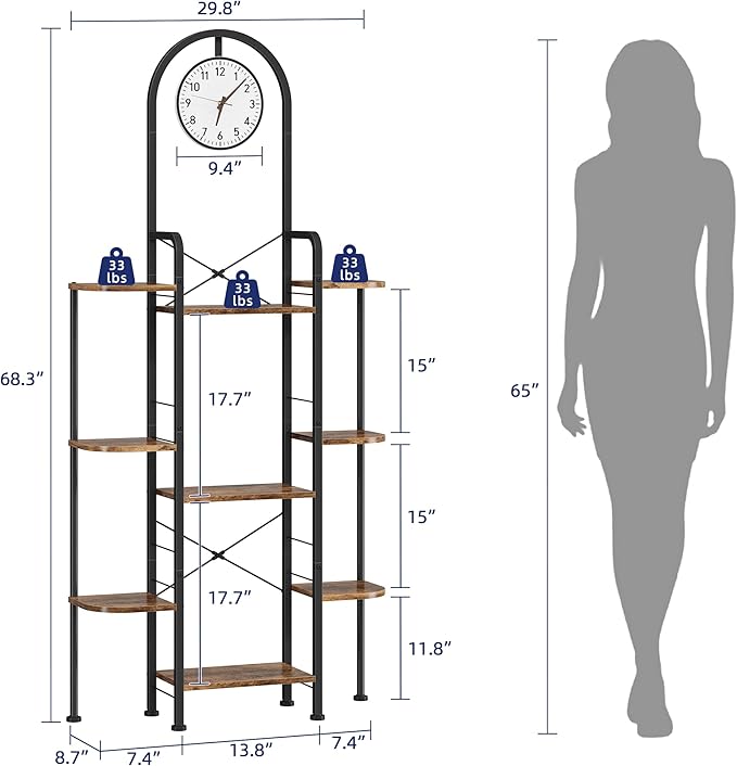 Bookshelf with Wall Clock, Triple Bookcase with Open Display Shelves, Industrial Style Book Shelves, Modern Display Shelf for Living Room, Bedroom, Home Office, Rustic Brown