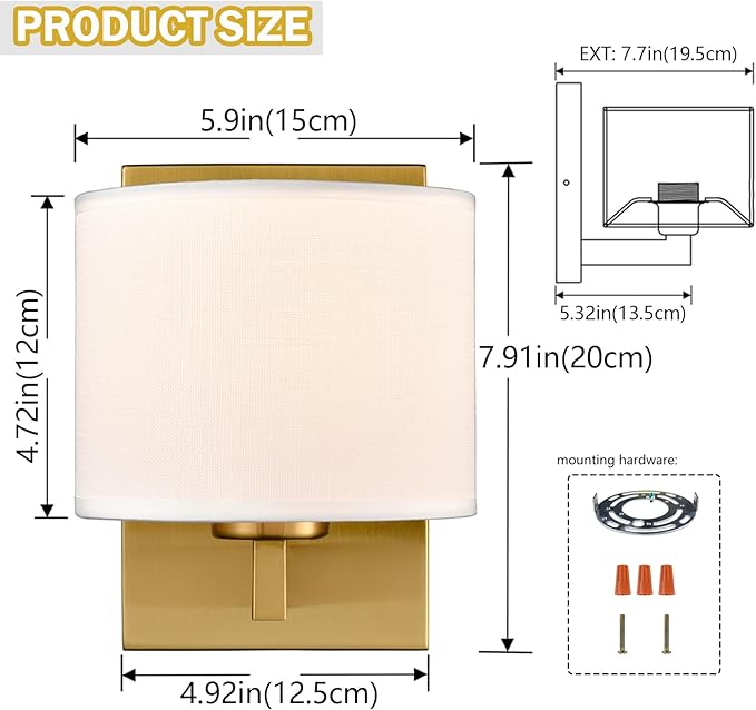 SAMTEEN Gold Wall Sconces Set of Two Mid Century Modern Brass Sconces Wall Lighting with Drum Shade Wall Lamp for Bedroom Hallway Foyer Living Room