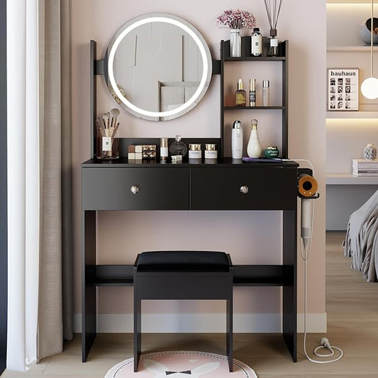 31.5" Small Vanity Desk with Round Mirror and Lights, Makeup Table with 2 AC+2 USB Power Station, Hair Dryer Bracket, Vanity Set with Drawers and Stool for Small Space Bedroom, Black
