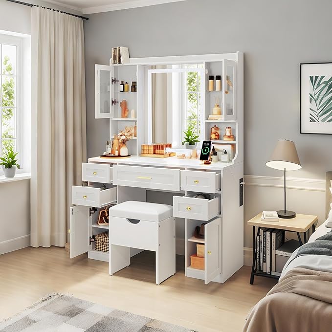 Saiveina 41.4" Makeup Vanity Desk with Mirror and Lights, Dressing Table with 4 Cabinets, 5 Drawers, Power Outlets and Cushioned Storage Stool, 3 Lighting Modes Vanity Table for Bedroom(White)