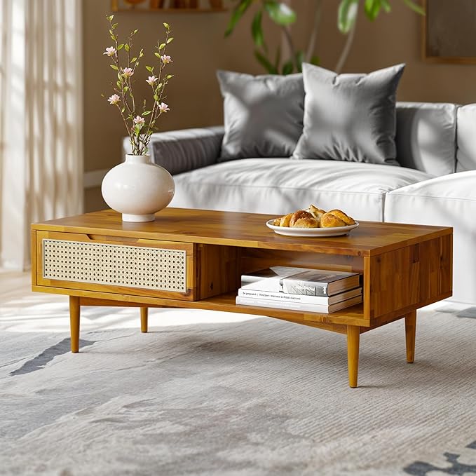 Bme Oliver Coffee Table, Mid Century Modern Coffee Table, Side Table with Storage, 2 Drawers & Open Compartments, Solid Wood Legs with Adjustable Levelers, Rattan Accent for Living Room, Caramel