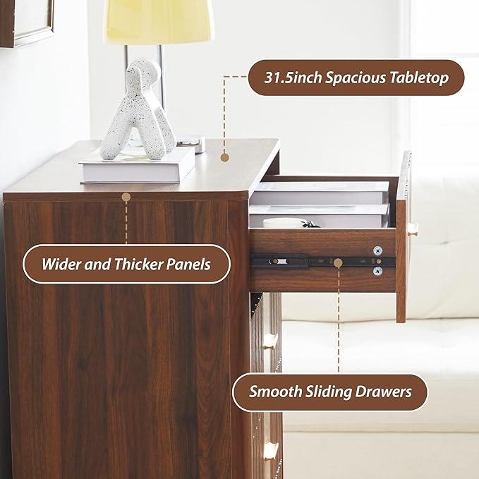 Fluted 5 Drawers Dresser for Bedroom, Wooden Tall Storage Dresser TV Stand, Curved Profile Modern Chest of Drawers, Wood Closet Clothes Storage Organizer for Living Room Hallway,Walnut 2 Sets