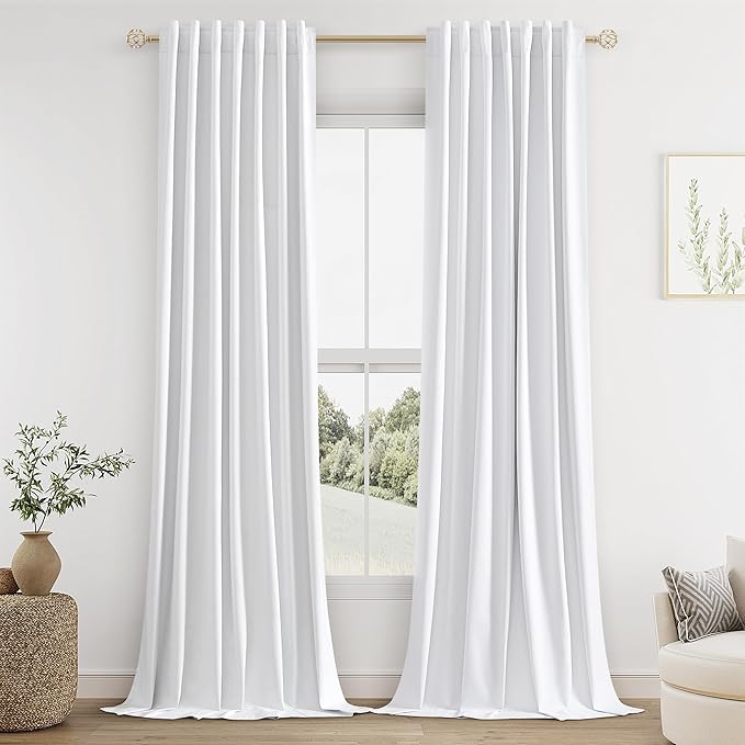 Guken White Linen Blackout Curtains 102 Inch Length 2 Panels Set for Living Room Bedroom Back Tab Thermal Insulated 100% Black Out Linen Drapes Room Darkening Window Curtains 102 Inches Long White