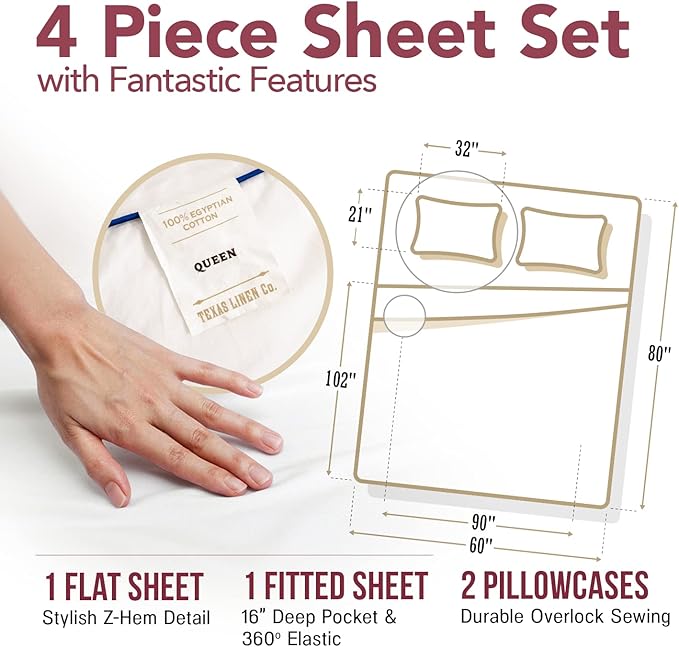 TEXAS LINEN CO. Egyptian Cotton Sheet Set - 800 TC 4 PC Ivory Queen Bedsheet for Queen Size Bed, Sateen Weave Luxury Hotel Sheets, Soft Cooling Bedding Sheets, 16" Deep Pocket (Fits upto 18"Mattress)