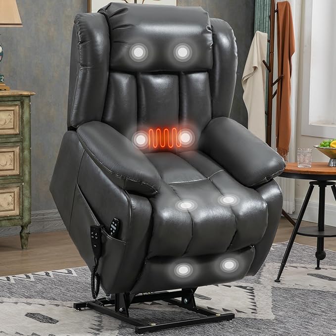 Dual Motor Large Recliner with Massage and Heat, Power Lift Chairs for Elderly, Breathable Leather Recliner Chairs for Adults with 2 Remote Controls, Dark Grey Big and Tall Recliner