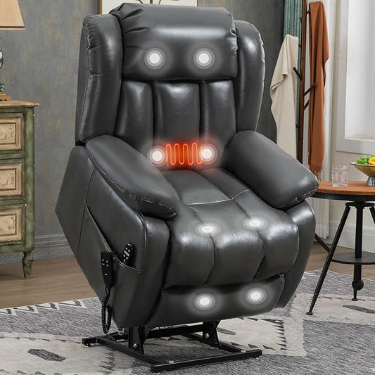 Dual Motor Large Recliner with Massage and Heat, Power Lift Chairs for Elderly, Breathable Leather Recliner Chairs for Adults with 2 Remote Controls, Dark Grey Big and Tall Recliner