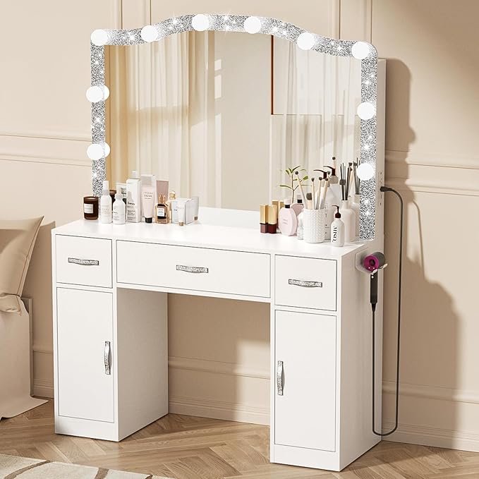 Vanity Desk with Mirror and Lights, Diamond Vanity Mirror with Lights, Makeup Table with Drawers, Cabinets and Power Outlet, 10 Lights 3 Color Lighting Modes, Adjustable Brightness, White
