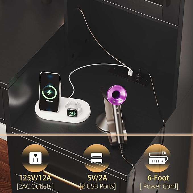 Black Vanity Desk with Mirror, Lights & Charging Station, 58.3" 3 Lighting Modes Makeup Desk with 8 Drawers, 2 Cabinets and Lots Storage, Dressing Table Vanity Set with Lighted Mirror