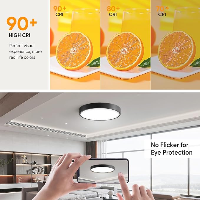 15 Inch Flush Mount Ceiling Light with Remote Control & Night Light, 5CCT Dimmable Ceiling Light Fixture, 35W 3500LM 2700K-6500K Adjustable LED Ceiling Lights for Bedroom Kitchen, Black