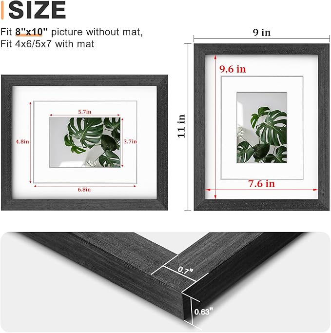 Egofine 8x10 Picture Frame Made of Solid Wood with Plexiglass, Display Pictures 4x6/5x7 with Mat or 8x10 Without Mat for Tabletop and Wall Mounting, Rustic Black