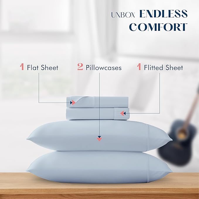 XOOX Linen King Size Sheets Set Cotton - 500 Thread Count 100% Cotton King Sheets 4 PC Set (Light Blue), Ultra Soft, Cooling, Hotel-Quality 16" Deep Pocket Sateen Weave Bedsheet for Hot Sleepers