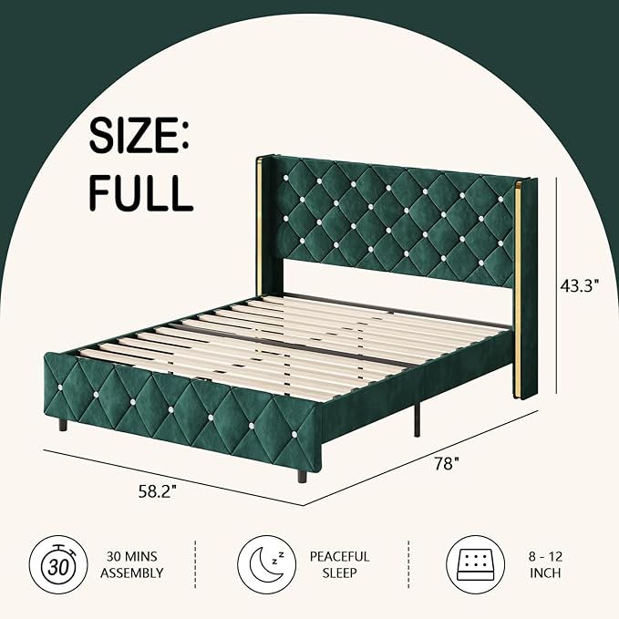 HOMBCK Full Bed Frame with Headboard, Velvet Upholstered Bed with Diamond Tufted Design, Mordern Bed Frame with Wingback and Wooden Slats Suppor, No Box Spring Required, Easy Assembly, Green