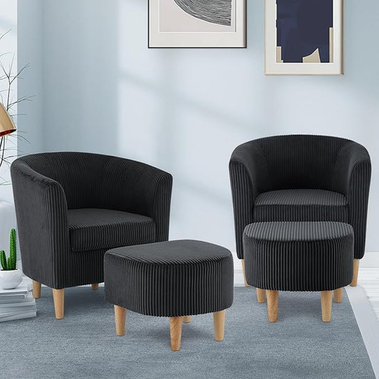DAZONE Accent Chairs Set of 2, Barrel Chair with Ottoman Comfy Armchair Corduroy Living Room Chairs Mid Century Modern Chair Upholstered Club Tub Sofa Chair for Bedroom Reading Room Charcoal