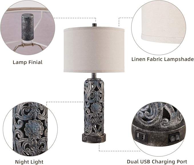 25'' Set of 2 Rustic Table Lamp for Bedroom Living Room with 2 USB Ports, Farmhouse Vintage Resin Nightstand Lamp with Nightlight, Antique Retro Desk Lamp for Entryway, 2 Bulbs Included