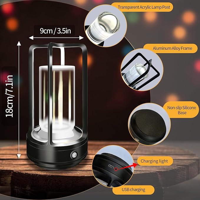 Portable Metal Table Lamp, 4000 mAh Outdoor Table Lights Rechargeable, 3 Color Stepless Dimmable Battery Operated Lamp for Patio, Camping, Bar Samll Desk Lamp for Indoor/ Outdoor (Black)