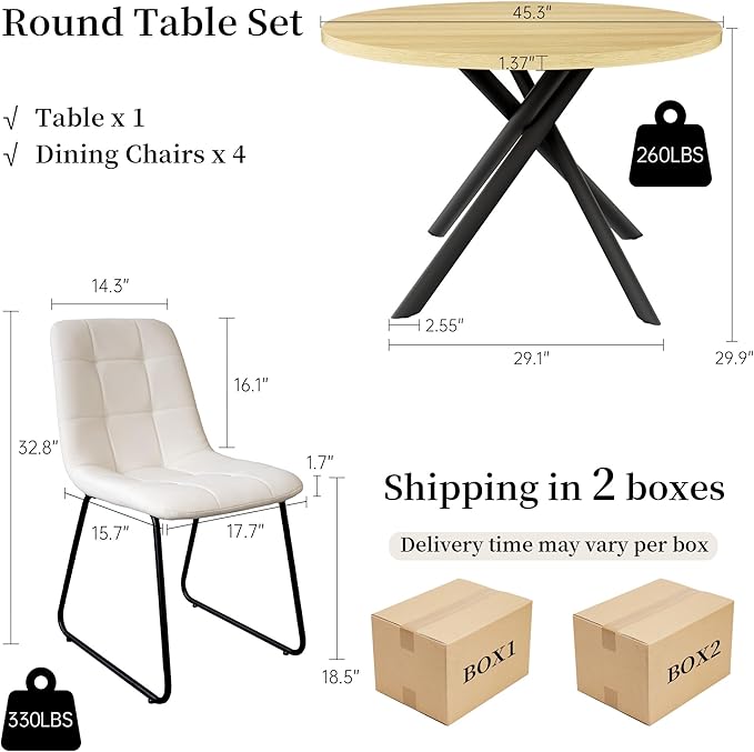 45.3 Inch Round Dining Table Set for 4, Mid Century Modern Small Coffee Set for Dining Room Kitchen Apartment (Cream Table + 4 U-Shaped White Chairs)
