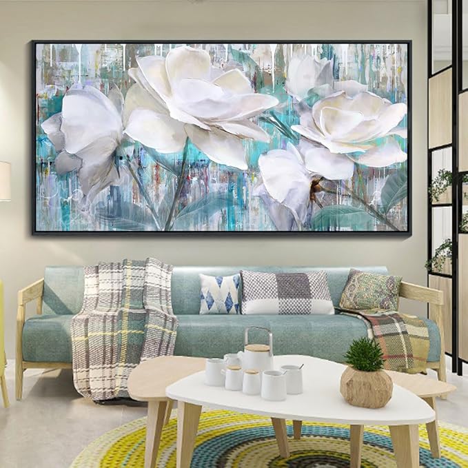 Large Flower Pictures Wall Art White Floral Modern Painting Wall Decor for Living Room Framed Artwork for Walls Bedroom Wall Decor Above Bed 20×40IN