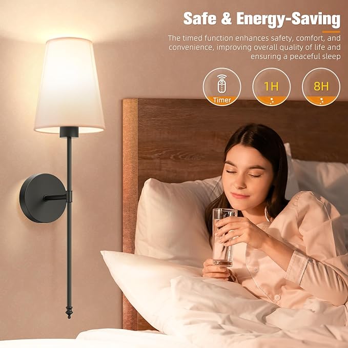 NIORSUN 25.4 inch Battery Operated Wall Sconce Set of 2,Black Rechargeable Wall Lights with 5200mAh Dimmable Detachable Bulbs and Remote,9 Colors Wireless Sconces for Bedroom Living Room Hallway