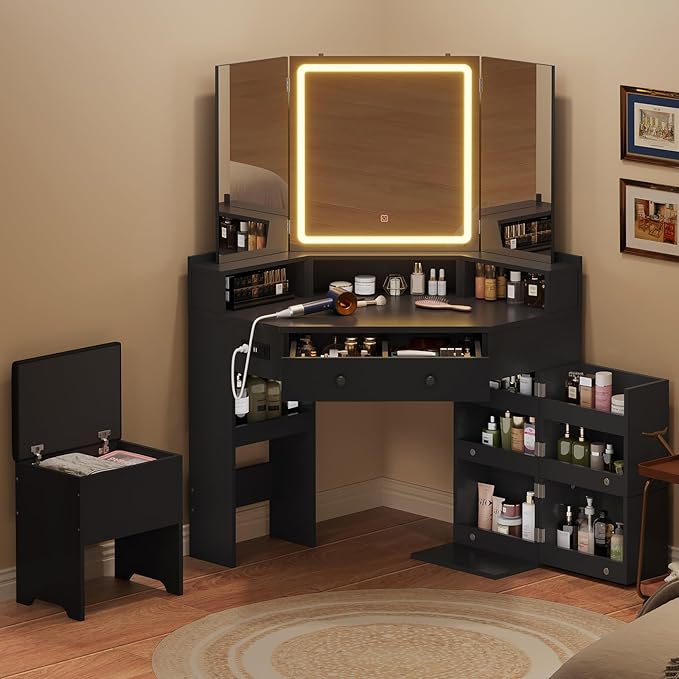 Corner Vanity Desk with Mirror and Lights, Power Outlet & Rotating Shelves, Makeup Vanities with Storage Bench, Drawers, 3 Light Settings, Dimmable for Women Girls, Bedroom, Black
