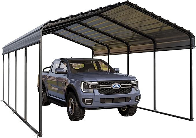 MFSTUDIO Carport 10x15 ft, Outdoor Heavy Duty Metal Shed Carports, Metal Garage Car Shelter Shade Car Port with Galvanized Roof, Frame and Bolts for Cars, Truck and Boats