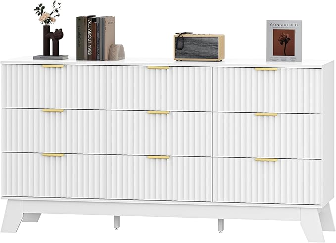 Fluted Dresser for Bedroom with 9 Drawers, 57" White Dressers & Chest of Drawers, Mid Century Modern Dressers TV Stand, Boho Wood Dresser for Closet Wide Storage Organizer for Living Room, Hallway